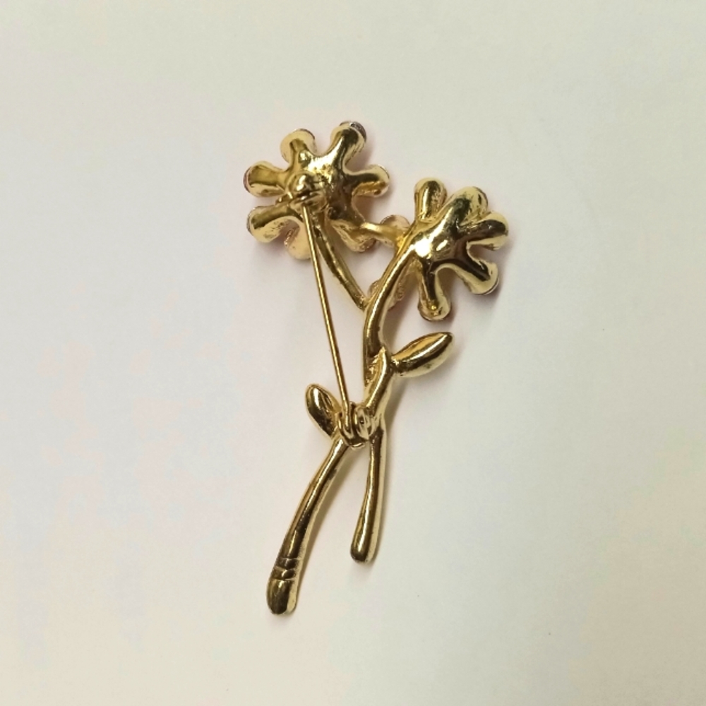 Antique 1940s Austrian pink and red glass gold plated flower brooch - Picture 4 of 8